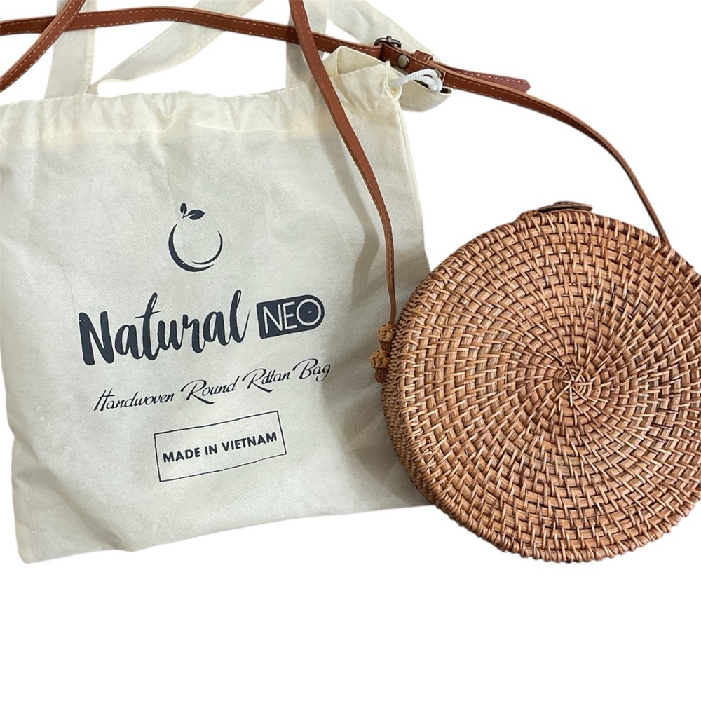 Natural Neo Handwoven Brown Rattan Round Bag cross body purse